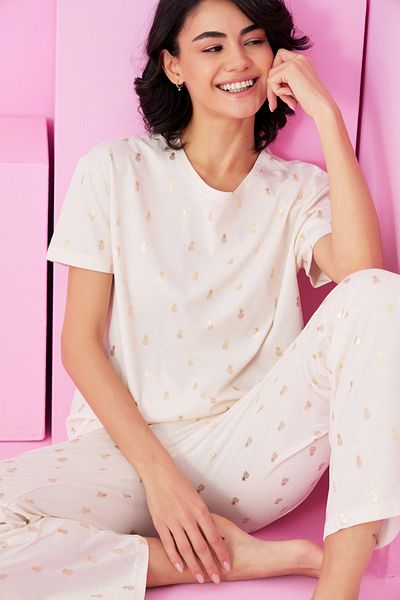 Siyah İnci Ecru Pineapple Foil Printed Knitted Pajama Suit7845