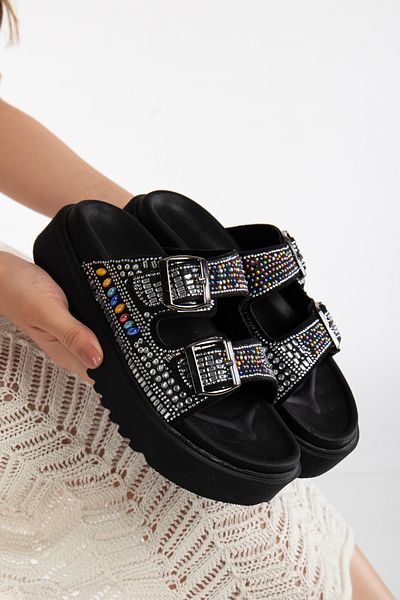 Reyonda ayakkabı Women's Natural Stone High Sole Black Double Buckle Natural Stone Orthopedic Slippers
