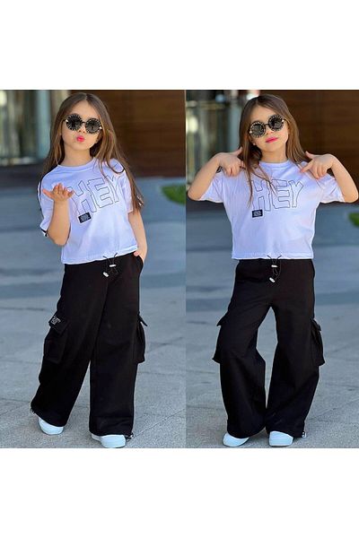 sinmm Girl's Bottom-Top Suit T-Shirt Printed Wide Leg Pocket Detailed Suit Black Color Ymn11