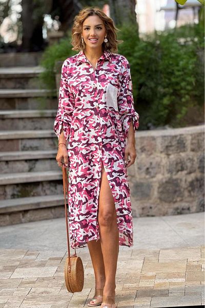 Nevin Kaya Moda Rochie cămașă de camuflaj violet 100% bumbac
