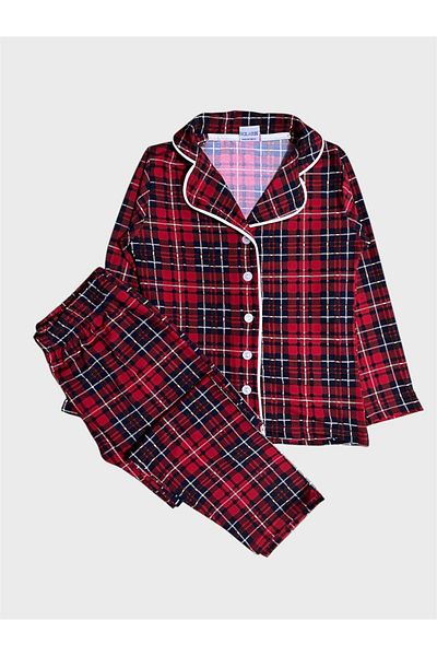 ALİŞ KİDS Girl's 100% Cotton Red Plaid Pattern Long Sleeve Shirt Collar Button Pajama Set