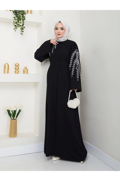 EFSUN MODA TAŞLİ ABAYA TESETTÜR GIYIM KADIN FERACE ELBISE SİYAH