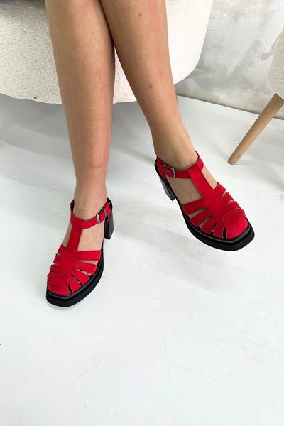 inizio Red Suede Thick Heeled Women's Sandals P9012