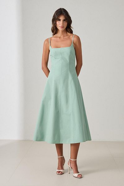 Setre Mint 100% Cotton Strap Waist Fitted Midi Length Relaxed Cut Dress