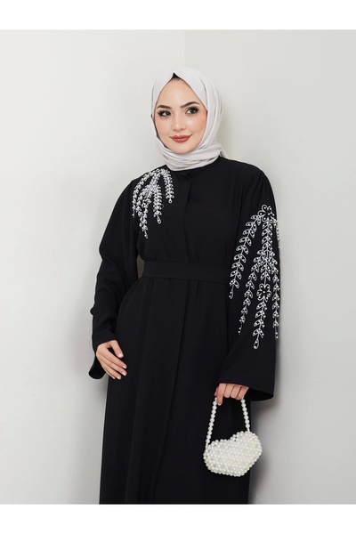EFSUN MODA TAŞLİ ABAYA TESETTÜR GIYIM KADIN FERACE ELBISE SİYAH