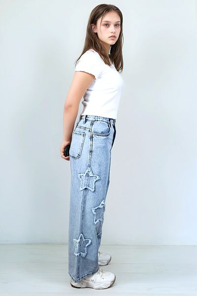 Asortix Girl's Star Patterned 100% Cotton High Waist Wide Leg Jeans