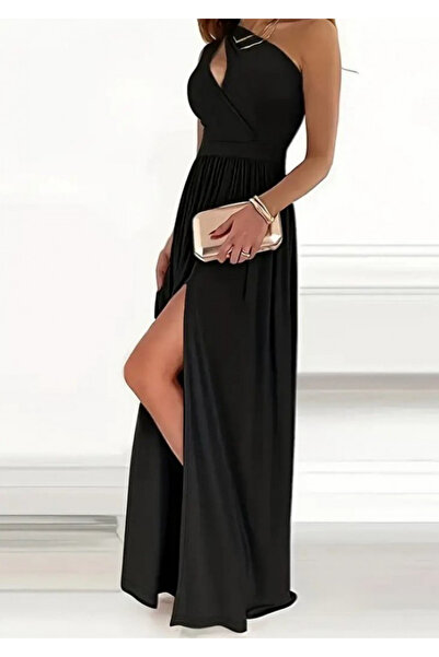 Viyamo Nová sezóna dámské krepační šaty Janjan s otevřeným ramenem a asymetrickým límcem s detailem maxi délky