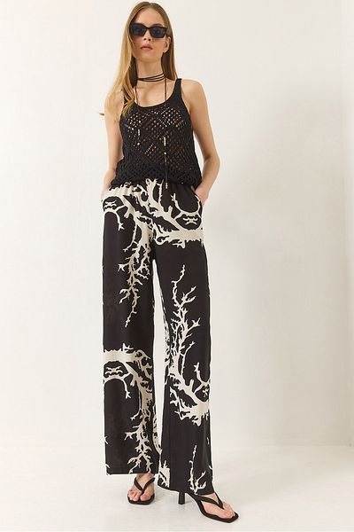 Bianco Lucci Women's Elastic Waist Patterned Pocket Detailed Flowy Viscose Palazzo Trousers 60284035