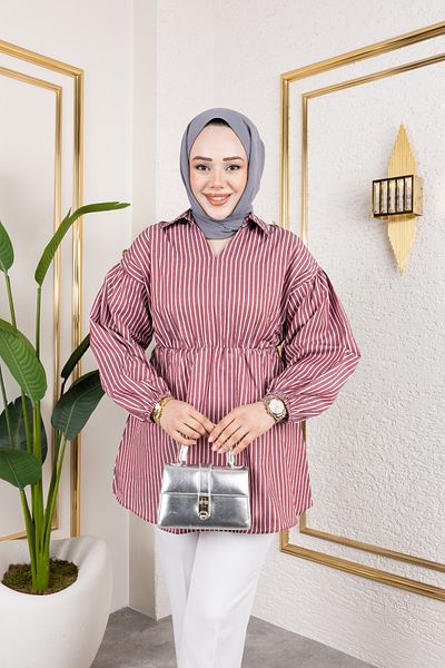 Eliva Women's Burgundy White Striped Satin Hijab Shirt with Elastic Waist