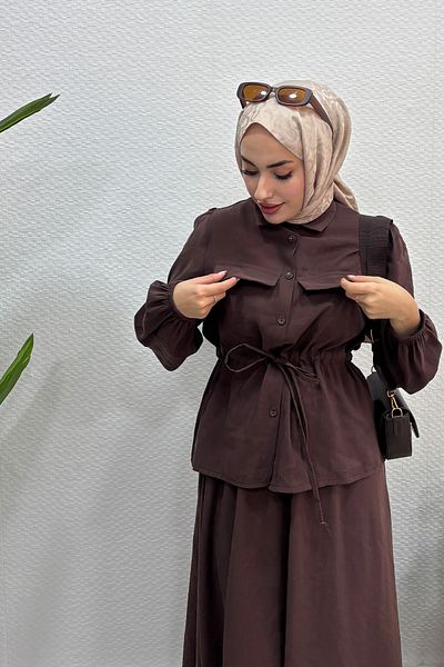Tesettür Diyarı Καφέ Φούστα Hijab και Γυναικείο Σετ Δέσιμο στη μέση