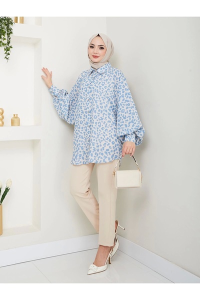 EFSUN MODA Cămașă JESICA CU IMPRIMARE LEOPARD MĂRIME STANDARD MÂNECĂ LUNGĂ 2508 ALBASTRU