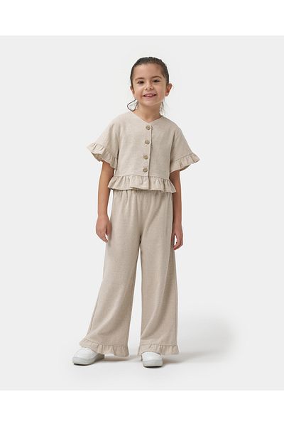 Minipodyum Girl's Buttoned Linen Summer Double Set