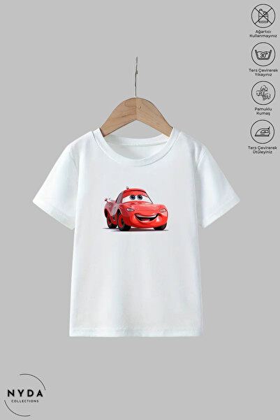 Nyda Collections Çocuk Bisiklet Yaka Mcqueen Baskılı Pamuk Beyaz Kısa Kollu T...