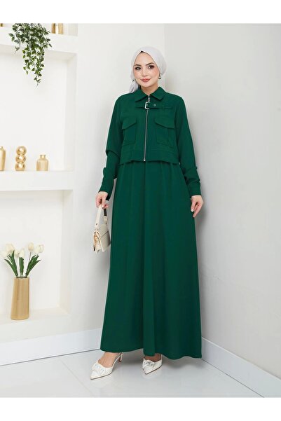 EFSUN MODA Emerald Colored Hijab Set - with Skirt, Pocket, Zipper, Jacket