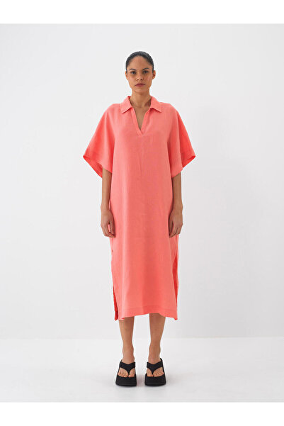 Xint Kadın Nar Çiçeği Oversize Keten Polo Yaka Basic Elbise