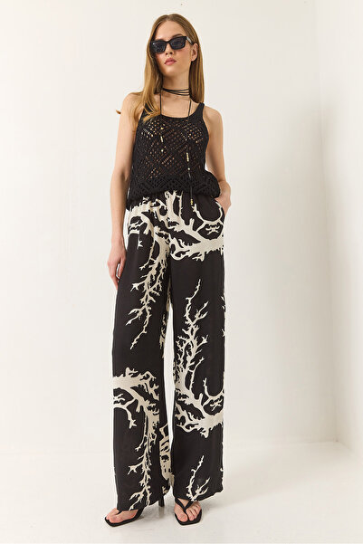 Bianco Lucci Women's Elastic Waist Patterned Pocket Detailed Flowy Viscose Palazzo Trousers 60284035