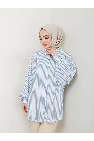 EFSUN MODA Μπλε πουκάμισο Jesica - Ριγέ με μοτίβο, μέγεθος Standert, μακρύ μανίκι 2506