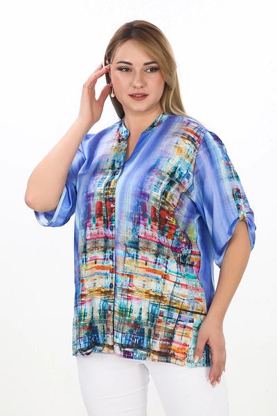 Lady Majestic Cămașă cu imprimeu cu guler de mărime mare, 100% viscoză, bluză colorată de vară pentru femei