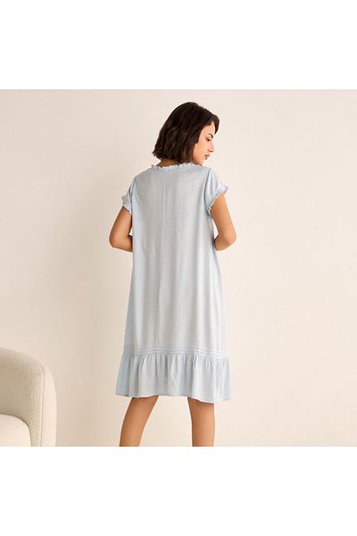 FAV Textured Round Neck Night Dress with Short Sleeves and Pintuck Detail