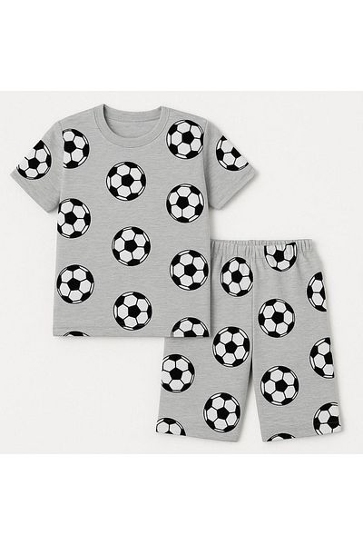 Trend Bebe Butik Football Ball Patterned Boys Shorts Suit |   Gray Summer 2-Piece Sports Outfit |   3-12 Years
