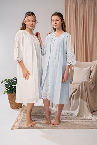 LOHOUSE Kadın Ekru Vual Askılı Pamuku Lohusa Hamile Gecelik-Sabahlık 2'li Set