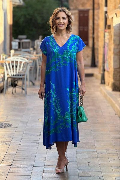 Nevin Kaya Moda V-Neck Blue Coral Patterned Dress