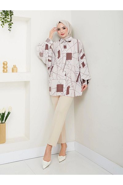 EFSUN MODA Πουκάμισο Jessica Patterned - Standert Size, Μακρύ μανίκι, Μοντέλο 2502, Χρώμα καφέ