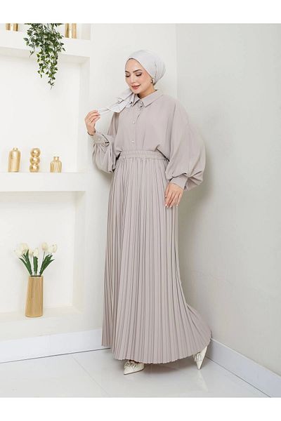 EFSUN MODA Μπεζ Χρώμα Φούστα Πλισέ και Πουκάμισο Πέτο Σετ Hijab