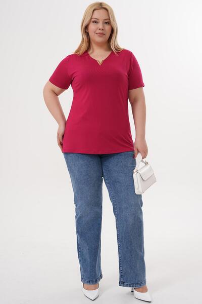 Siyezen Large Size Bamboo Fabric V Gold Buckle Detailed Blouse