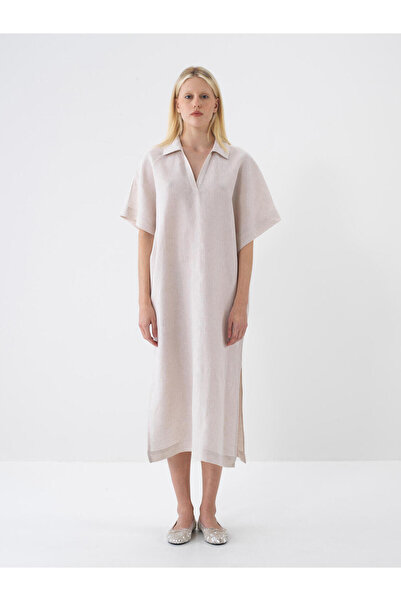 Xint Kadın Naturel Oversize Keten Polo Yaka Basic Elbise