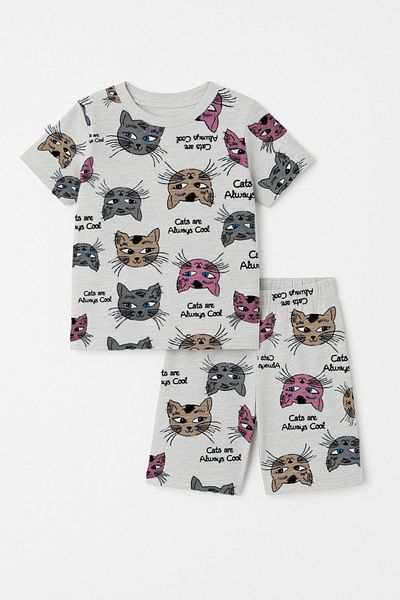 Trend Bebe Butik Cat Printed Summer Girl's Suit |   Shorts and T-Shirt 2 Piece Set for Ages 3-12 |   Cotton Casual Suit