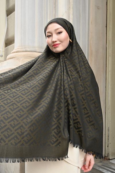 Pull Scarfs Imported Wool Silk F Pattern Shawl - Khaki