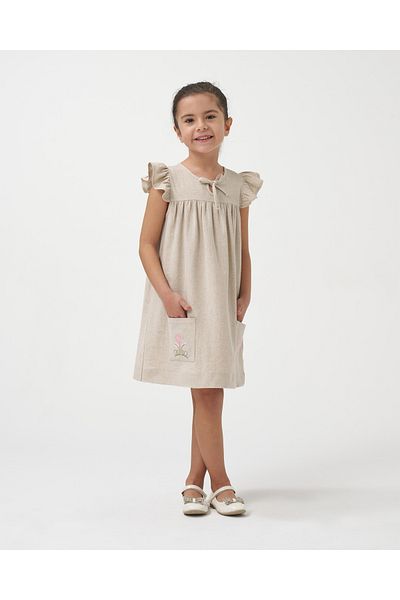 Minipodyum Girl's Embroidered Linen Summer Dress with Pockets