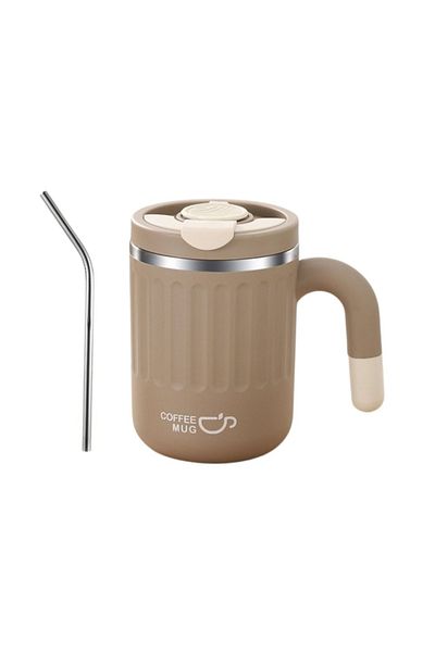 ECARLA Cană termos cu capac și pai – 480 ml, maro
