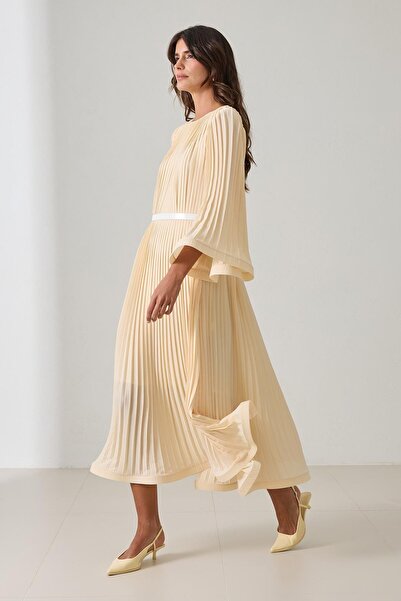 Setre Ανοιχτό κίτρινο φόρεμα με λαιμόκοψη με λεπτομέρεια πιέτας και φαρδύ μήκος μίντι