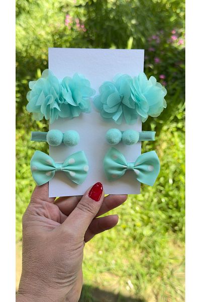 Toka Perisi Frida Floral Polka Dot Bow Pompom 6 Piece Buckle Set (Half Covered Metal Clip)