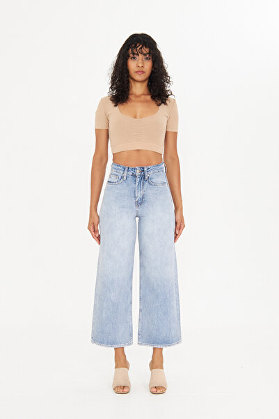 cracpot Kadın Yüksek Bel Cotton Wide Leg Jean Pantolon