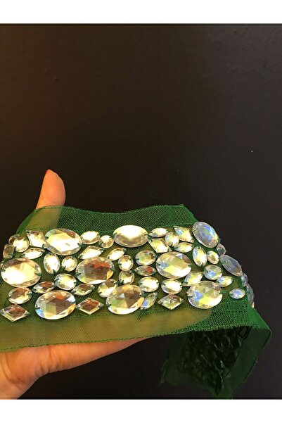 Gönülden Tasarım YEŞİL TÜLLÜ GÜMÜŞ RENK BONCUK İŞLEME YAKA DİKİŞ AKSESUARI 50 CM