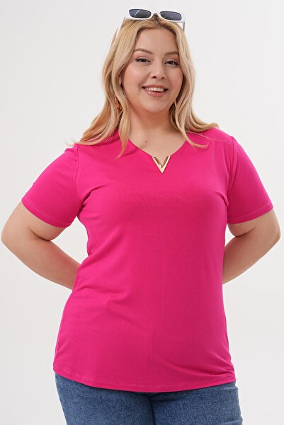 Siyezen Large Size Bamboo Fabric V Gold Buckle Detailed Blouse