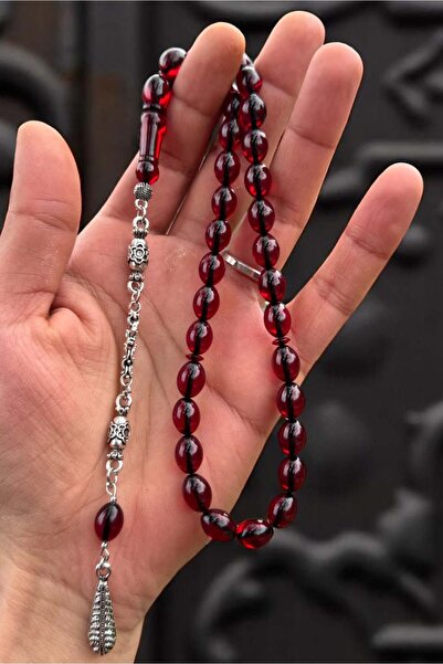 Atolyezone Sertifikalı Usta Işçilikli Sıkma Gümüş Kaplama Kan Kırmızı Ateş Kehribar Tesbih