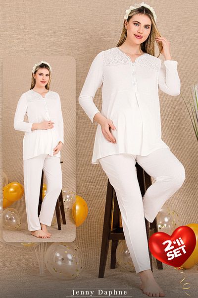 Jenny Daphne Viscose Fabric 2 Shoulder Lace Embroidered Maternity Pajamas Set 33201