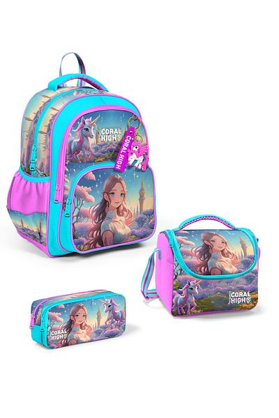 Coral High Set de 3 genți de școală pentru copii, turcoaz, roz, anime, cu model SET0114420