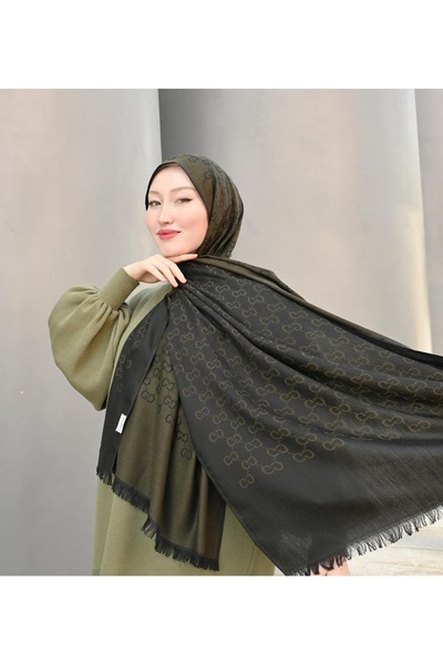 Pull Scarfs Εισαγόμενο μάλλινο μεταξωτό σάλι G μοτίβο - Χακί