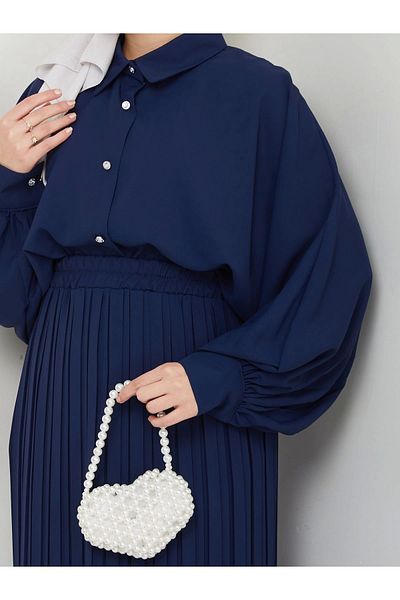 EFSUN MODA Σετ Μπλε Μπλε Χιτζάμπ - Πιέτα φούστας και λεπτομέρεια πουκάμισου