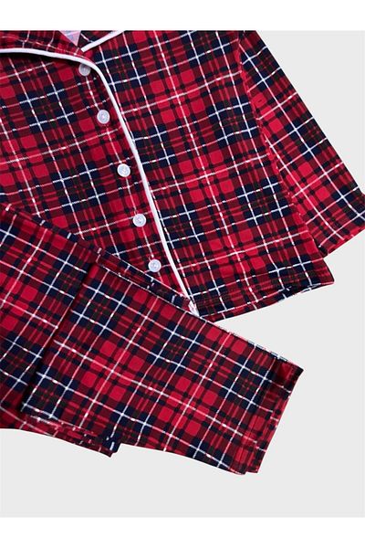 ALİŞ KİDS Girl's 100% Cotton Red Plaid Pattern Long Sleeve Shirt Collar Button Pajama Set