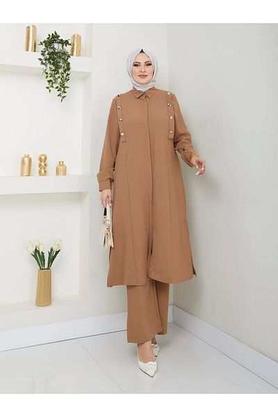 EFSUN MODA Beige Colored Long Shirt Set - Battal Hijab