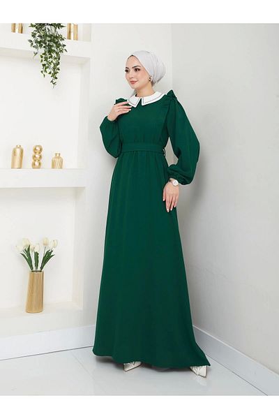 EFSUN MODA Γυναικείο φόρεμα με σμαραγδένιο κέντημα Hijab γιακά