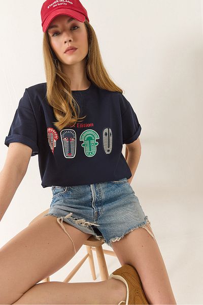 Bianco Lucci Bedrucktes, übergroßes, kurzärmliges Basic-T-Shirt für Damen 60284034