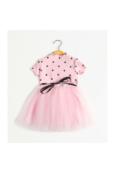 Şirin Şeyler Butiği Rochie Linda cu mânecă scurtă pentru fetiță, prințesă, pufoasă, roz pudrat, rochie tutu din lycra elastică cu buline