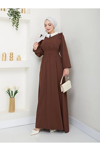 EFSUN MODA Γυναικείο φόρεμα με κεντημένο μουσουλμανικό γιακά σε καφέ χρώμα